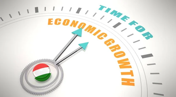 Čas na slova hospodářského růstu na hodinách. Maďarská vlajka. 3D vykreslení — Stock fotografie