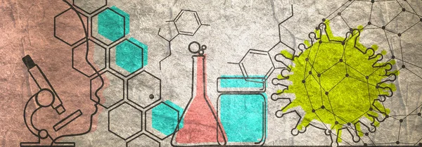 Industria medica, biotecnologia e biochimica banner stile linee sottili con silhouette testa umana — Foto Stock