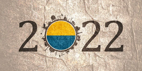 2022 ano número com ícones industriais em torno de zero dígito. Bandeira da Ucrânia. — Fotografia de Stock