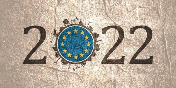 2022 rok číslo s průmyslovými ikonami kolem 0 číslic. Vlajka Evropské unie. — Stock fotografie
