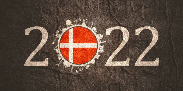 2022 year number with industrial icons around zero digit. Flag of Denmark. — Stock Photo, Image