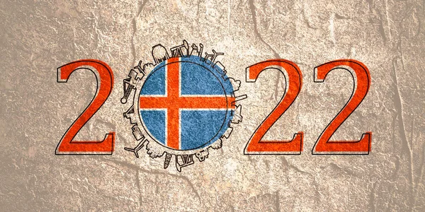 2022 год номер с промышленными иконками около нулевой цифры. Флаг Исландии. — стоковое фото