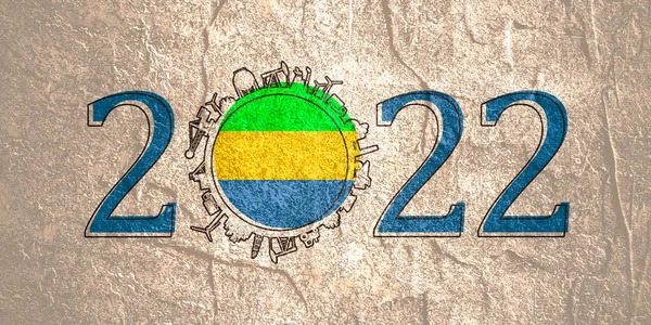 2022 año número con iconos industriales alrededor de cero dígitos. Bandera de Gabon. —  Fotos de Stock
