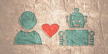 Robot ve insan siluetleri arasındaki kalp simgesi