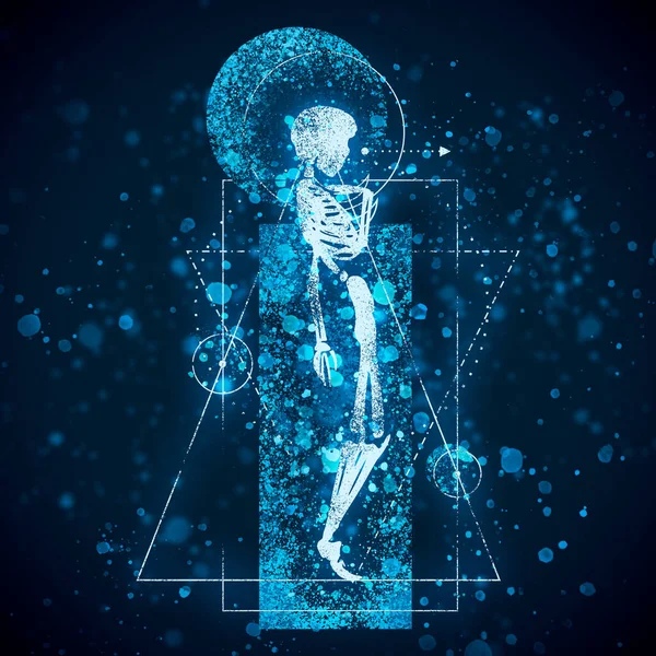 Mystieke vintage gotische geometrie dunne lijnen symbool met silhouet van een menselijk skelet. Achtergrond van deeltjes — Stockfoto