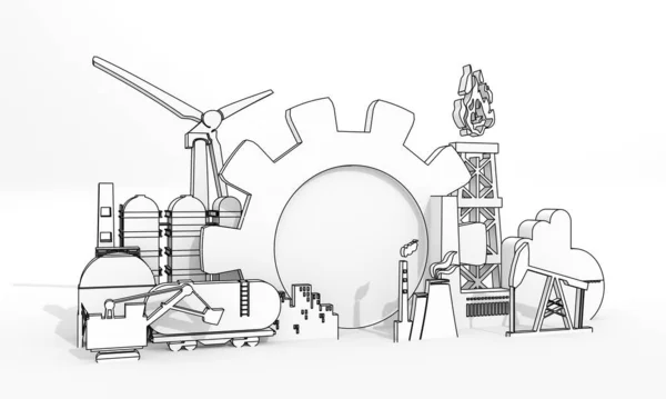 Concepto industrial de energía y energía. Iconos industriales y equipo. Renderizado 3D — Foto de Stock