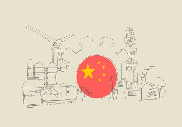 Conceito industrial de energia e energia. Ícones industriais e engrenagem com bandeira da China. —  Vetores de Stock