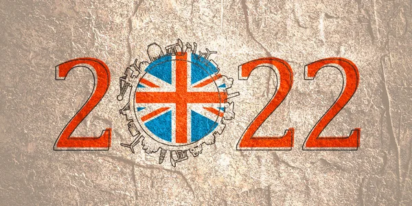 Numero 2022 anni con icone industriali a circa zero cifre. Bandiera del Regno Unito. — Foto Stock