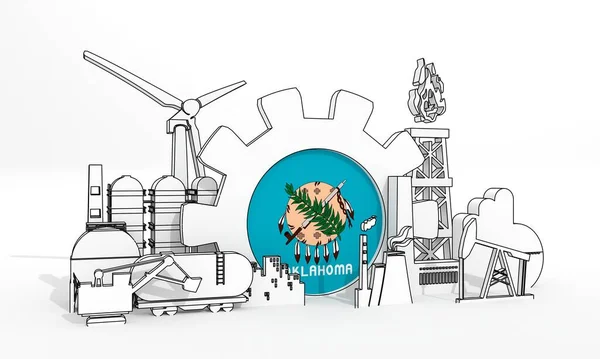 Ενέργεια και ενέργεια βιομηχανική έννοια. Βιομηχανικές εικόνες και εργαλεία με σημαία της Οκλαχόμα. 3D αποτύπωση — Φωτογραφία Αρχείου