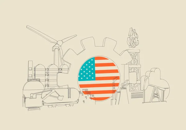 能源和电力工业概念。悬挂美国国旗的工业图标和齿轮. — 图库矢量图片