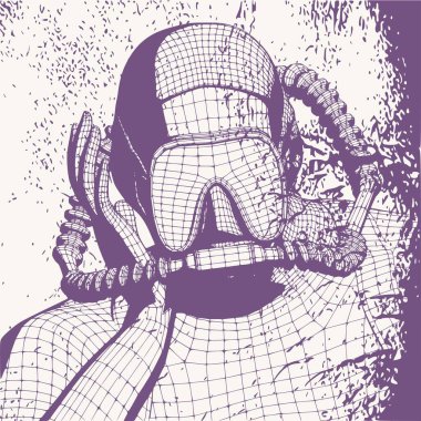 Dalgıcın tek renkli silueti. Ağ ızgara dokusu