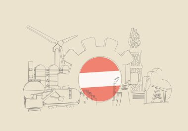 Enerji ve güç endüstriyel konsepti. Avusturya bayrağı taşıyan sanayi simgeleri ve teçhizatı.