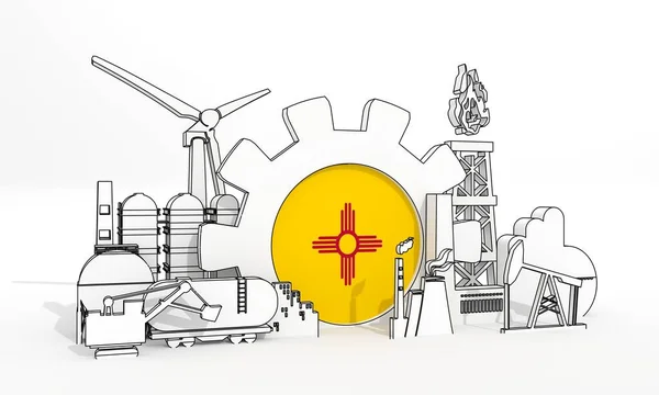 Énergie et énergie concept industriel. Icônes industrielles et engins avec drapeau du Nouveau-Mexique. Expéditeur 3D — Photo