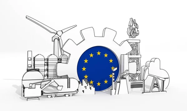 Energy and power industrial concept. Industrial icons and gear with flag of European Union. 3D Render — Stock Photo, Image