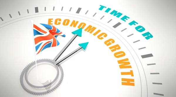 時計の顔に経済成長の言葉のための時間。イギリスの国旗。3Dレンダリング — ストック写真