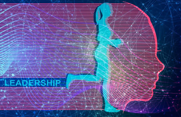 Leadership concept with beautiful woman portrait and running lady silhouette — Zdjęcie stockowe
