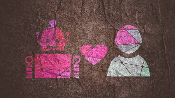 Ikona serca między robotem a ludzkimi sylwetkami — Zdjęcie stockowe