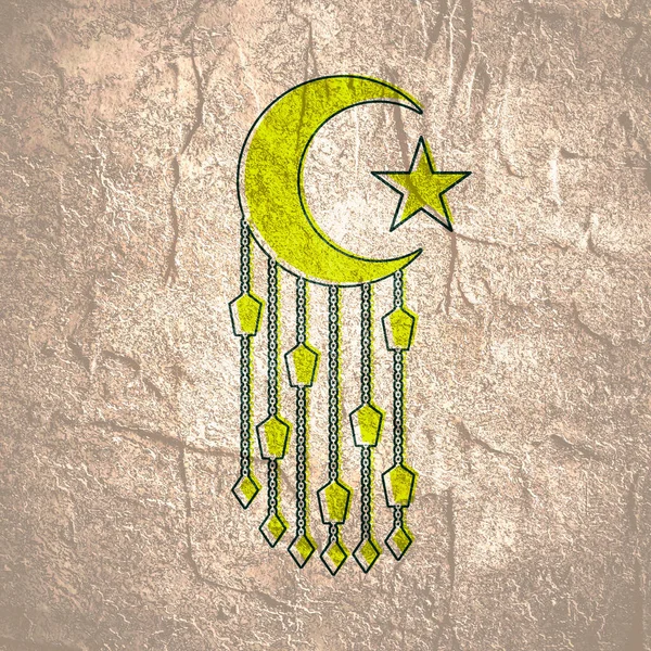 Design Eid Al Adha s půlměsícem a zavěšenými lucernami. — Stock fotografie