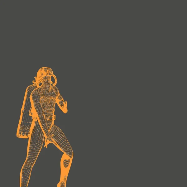 Silhouette monocromatica del subacqueo danzante. Struttura della griglia di maglia — Vettoriale Stock