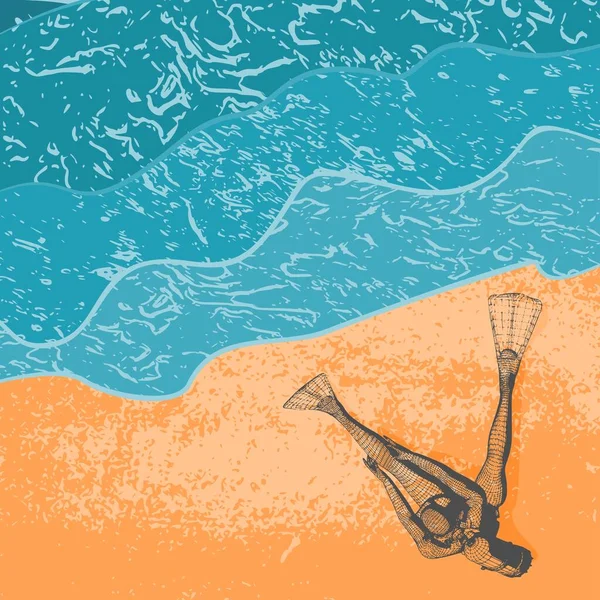 Monochromatyczna sylwetka nurka siedzącego na brzegu morza. Struktura siatki oczkowej — Wektor stockowy