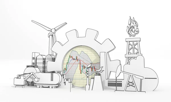 Energia és energia ipari koncepció. Ipari ikonok és felszerelés kereskedési táblázattal. 3D Render — Stock Fotó
