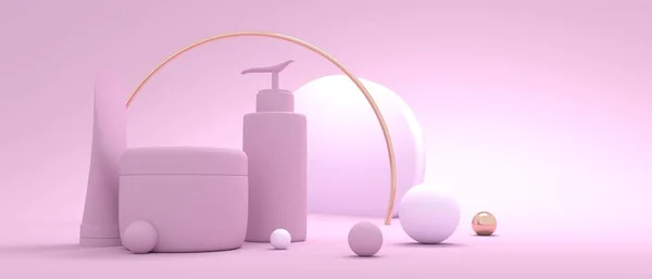 Ensemble de récipients pour produits de cosmétologie et formes géométriques abstraites. rendu 3D — Photo