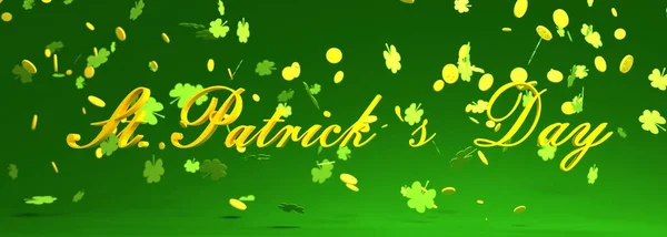 Plantilla de tarjeta de felicitación St. Patricks Day. Trébol de hojas y monedas de oro. Renderizado 3D —  Fotos de Stock