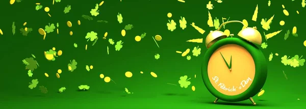 St. Patricks Day greeting card template. Shamrock leafs and golden coins. Ringing alarm clock. 3D render — Stock Photo, Image