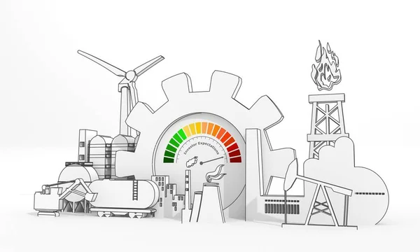 Conceito industrial de energia e energia. Ícones industriais e engrenagem com painel de dispositivos de medição abstrata de expectativas dos investidores. Renderização 3D — Fotografia de Stock