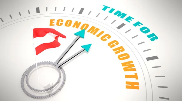 Il est temps pour la croissance économique mots sur horloge visage. Drapeau d'Autriche. Expéditeur 3D — Photo
