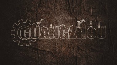 Deniz taşımacılığı, göreceli siluetleri ve el yazması yazısıyla donatılmış. Guangzhou şehir ismi metni