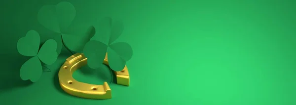 St. Patricks Day Grußkarte Vorlage. Shamrock-Blätter und goldenes Hufeisen. 3D-Renderer — Stockfoto