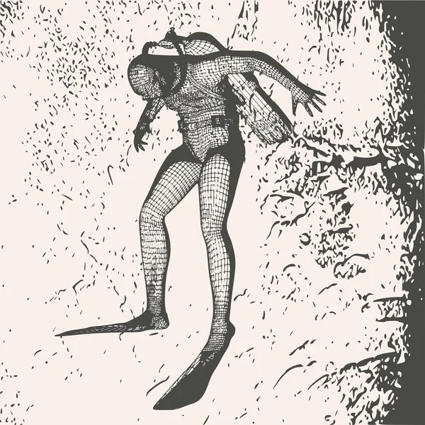 Silhouette monochrome de plongeur. Texture de grille de maille — Image vectorielle