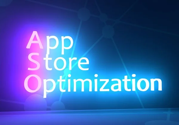ASO berarti App Store Optimisasi. Akronim komputer dan internet. Neon teks bersinar. Perender 3D — Stok Foto