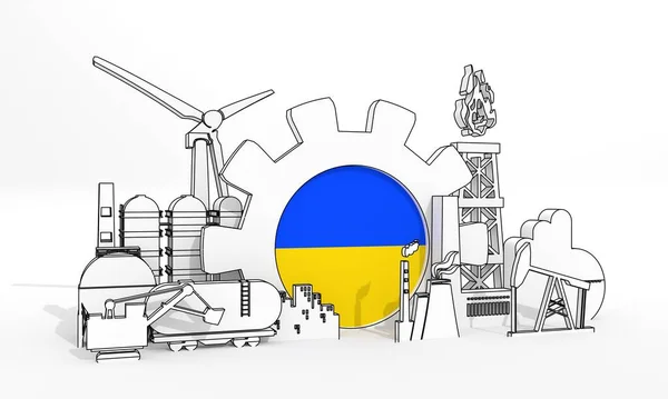 Énergie et énergie concept industriel. Icônes industrielles et engins avec drapeau de l'Ukraine. Expéditeur 3D — Photo