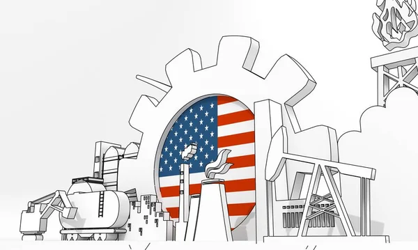 Concepto industrial de energía y energía. Iconos industriales y engranajes con bandera de USA. Renderizado 3D — Foto de Stock