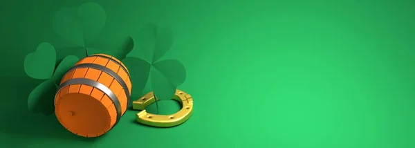 Szablon kartki okolicznościowej St. Patricks Day. Liście Shamrock, złota podkowa i beczka piwa. Renderowanie 3D — Zdjęcie stockowe