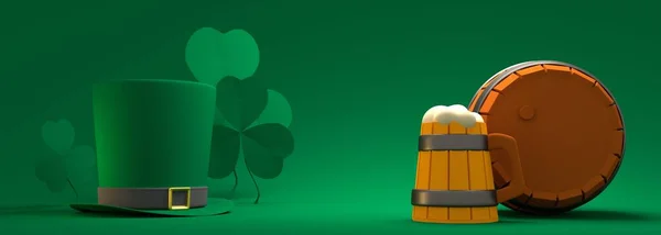 St. Patricks Day Grußkarte Vorlage. Shamrock-Blätter, Tankard mit Bier, Fass und grünem Kobold-Zylinder. 3D-Renderer — Stockfoto
