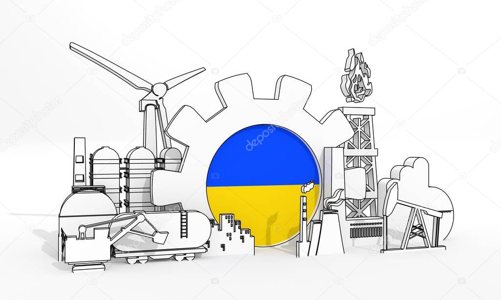 Energy and power industrial concept. Industrial icons and gear with flag of Ukraine. 3D Render