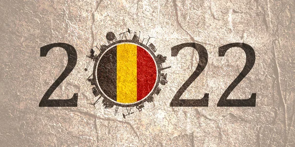 2022 ano número com ícones industriais em torno de zero dígito. Bandeira da Bélgica. — Fotografia de Stock