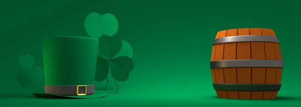 St. Patricks Day Grußkarte Vorlage. Shamrock-Blätter, Bierfass und grüner Kobold-Zylinder. 3D-Renderer — Stockfoto
