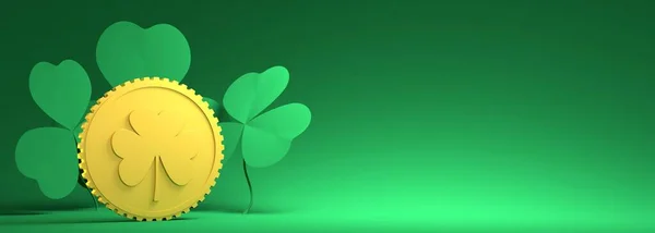 Szablon kartki okolicznościowej St. Patricks Day. Liście Shamrock i złote monety. Renderowanie 3D — Zdjęcie stockowe