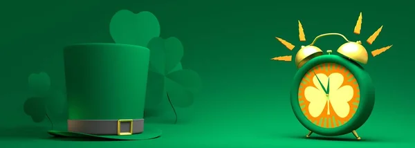 Modèle de carte de voeux de la Saint-Patricks Day. Feuilles de Shamrock, réveil et chapeau haut de forme vert leprechaun. rendu 3D — Photo