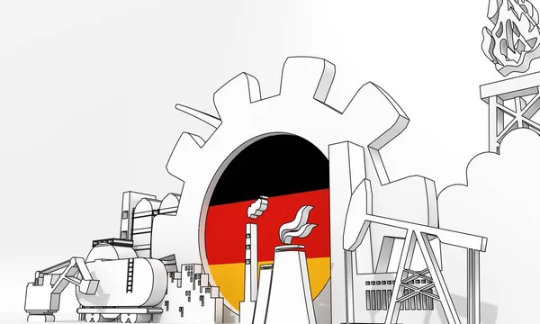Ενέργεια και ενέργεια βιομηχανική έννοια. Βιομηχανικές εικόνες και εργαλεία με σημαία της Γερμανίας. 3D αποτύπωση — Φωτογραφία Αρχείου