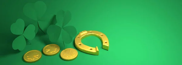 聖パトリックの日グリーティングカードテンプレート.シャムロックの葉、馬蹄形と黄金のコイン。3Dレンダリング — ストック写真