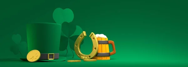 St. Patricks Day Grußkarte Vorlage. Shamrock-Blätter, Tankard mit Bier, Hufeisen, Goldmünze und grünem Kobold-Zylinder. 3D-Renderer — Stockfoto