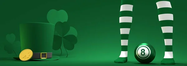 St. Patricks Day Grußkarte Vorlage. Shamrock-Blätter, Goldmünze, grüner Kobold-Zylinder und Billardkugel mit der gleichen Nummer. Füße in gestreiften Socken. 3D-Renderer — Stockfoto