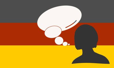 Kabarcık dili ve Almanya bayrağı taşıyan kadın silueti. Uluslararası iletişim, eğitim, spor, seyahat, iş.