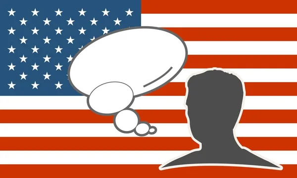 Silhouette de tête d'homme avec discours de bulle et drapeau national des États-Unis. Le concept de communication internationale, éducation, sport, voyage, affaires. — Image vectorielle