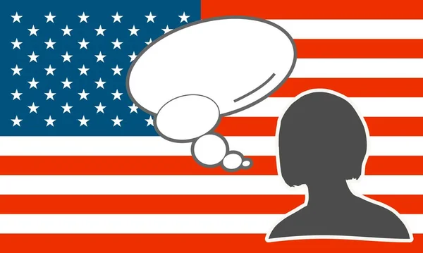 Frauenkopfsilhouette mit Sprechblase und Nationalflagge der USA. Das Konzept der internationalen Kommunikation, Bildung, Sport, Reisen, Wirtschaft. — Stockvektor